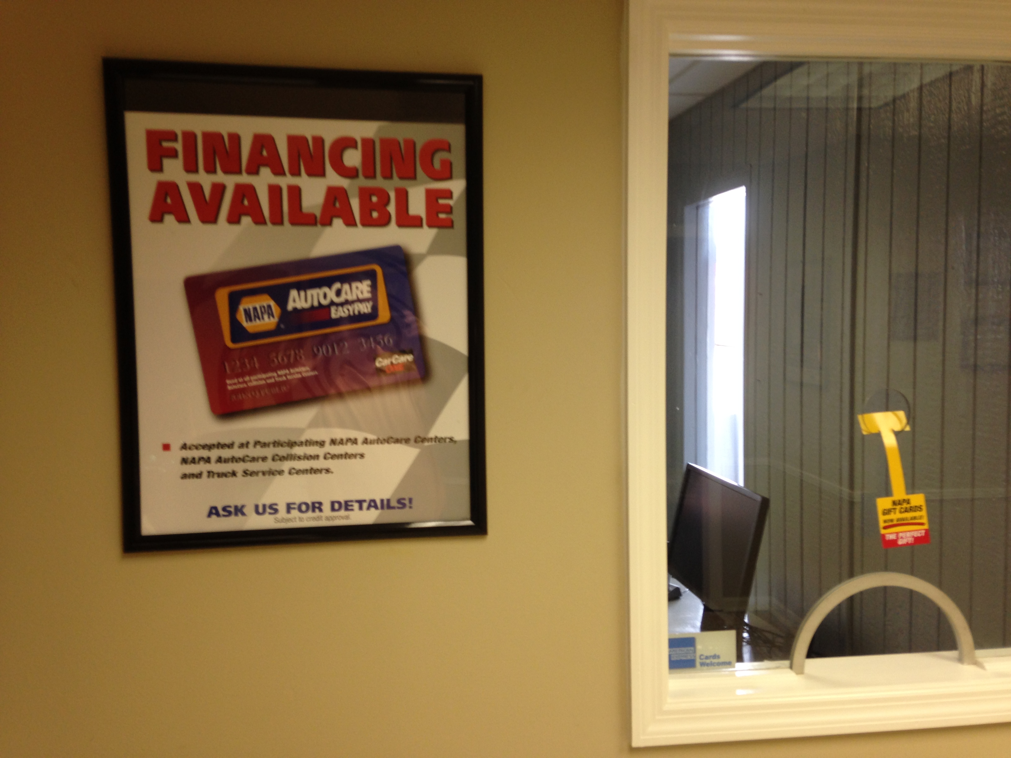 Financing available sign on the wall- Snider Auto Care