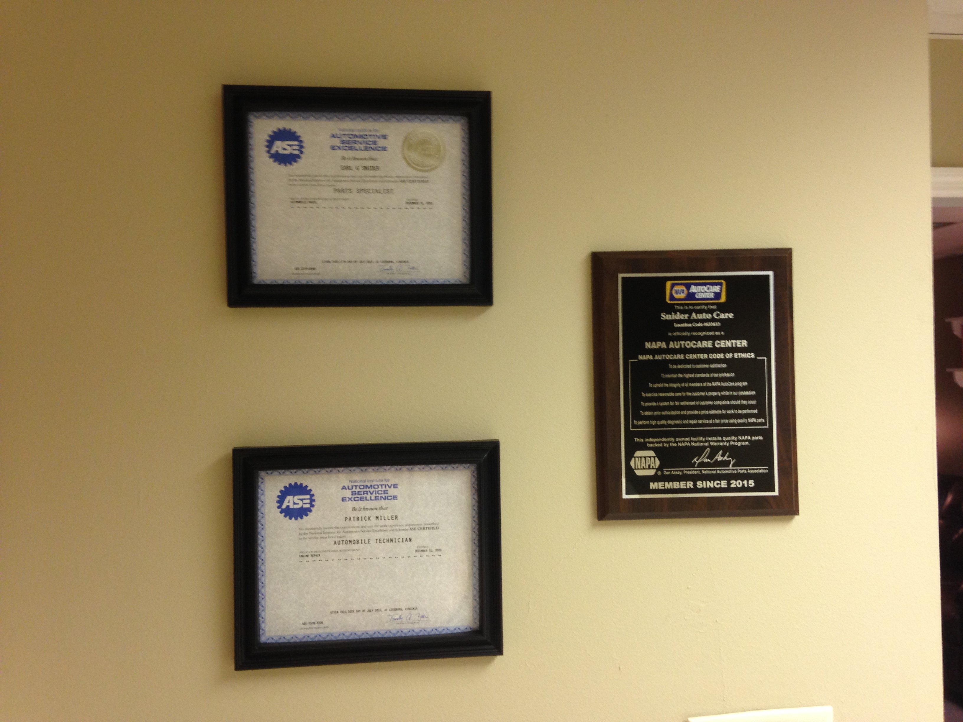 Some of our certificates - Snider Auto Care