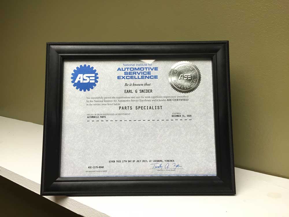 ASE certificate - Snider Auto Care